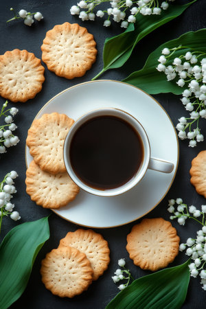 A cup of black coffee sits on a speckled blue plate alongside two homemade cookies, with delicate lily of the valley flowers framing the arrangement, creating a serene and inviting setting.の素材