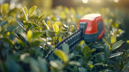 A bright orange and gray hedge trimmer rests on top of vibrant green leaves, capturing the essence of a late afternoon garden scene. The sunlight casts a warm glow, highlighting the leaves' rich texture and color.の素材