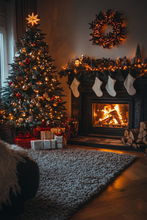 A cozy living room showcases an elegant fireplace adorned with holiday decor, while a beautifully decorated Christmas tree stands nearby. Golden ornaments and wrapped gifts create a warm and inviting atmosphere during winter.の素材