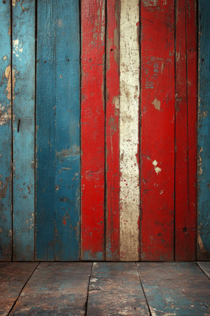A rustic wooden floor displays red and white rays emanating from a large red circle, creating a bold graphic effect against a weathered wall. The aged textures add depth, contributing to an artistic ambiance.の素材