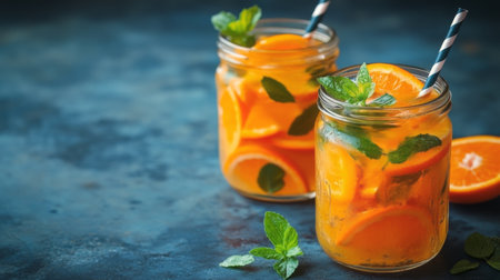 Three jars filled with vibrant orange papaya drinks sit on a wooden table, surrounded by fresh halved papayas. The leafy garden backdrop creates a tropical, refreshing atmosphere.の素材