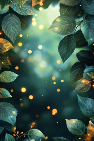 Amidst a tranquil forest at twilight, vibrant green leaves create a natural frame around shimmering lights. The atmosphere is peaceful, inviting viewers to imagine an enchanted moment in nature's embrace.の素材