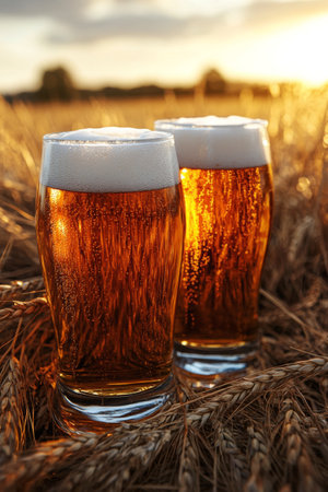 Two glasses of golden beer with frothy tops are placed in a field of wheat under a warm sunset. The tranquil atmosphere evokes a sense of calm and relaxation, perfect for enjoying a refreshing drink.の素材