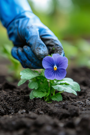 A gardener wearing gloves carefully plants a colorful flower into the rich, dark soil, surrounded by lush greenery. The activity takes place in a sunny garden, showing a dedication to nurturing vibrant blooms.の素材