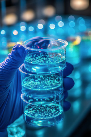 A researcher holds a petri dish with a visible culture of bacteria under a blue light in a laboratory, highlighting the details of the microorganisms as they conduct experiments late at night.の素材