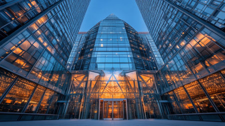 A striking architectural structure with reflective glass surfaces captures the glow of surrounding lights as dusk falls, creating a captivating view of urban design.の素材