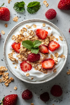Two bowls of layered yogurt, fresh strawberries, and raspberries sit on a white surface, decorated with granola and scattered mint leaves. The vibrant colors create an appealing and healthy breakfast option.の素材