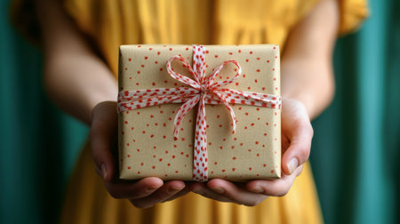 A person dressed in a bright yellow garment stands holding a neatly wrapped gift adorned with a red ribbon. The background features rich teal curtains, creating a vibrant contrast that draws attention to the present.の素材