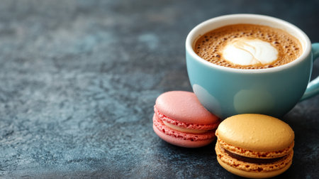 A comforting cup of coffee sits beside three vibrant macarons on a slate-colored plate, creating an inviting treat arrangement perfect for an afternoon pick-me-up.の素材
