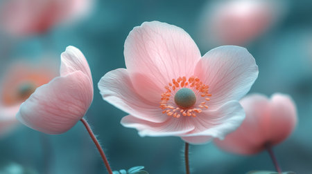 A cluster of soft pink flowers with yellow centers blooms vibrantly in a tranquil garden setting. The gentle green backdrop enhances their delicate beauty, signaling the arrival of spring.の素材