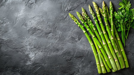 A bunch of vibrant green asparagus spears lay next to fresh parsley on a dark textured surface, highlighting the freshness and color of the vegetables.の素材