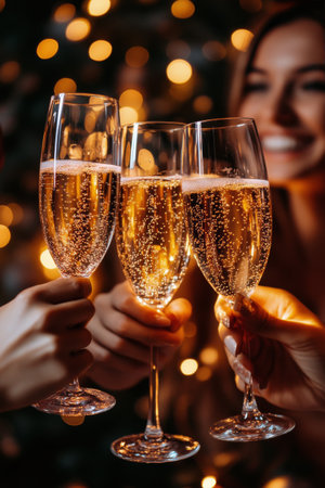Three friends enjoy a joyful moment as they toast with glasses of sparkling drinks, surrounded by warm lights and a festive atmosphere, creating fond memories during a celebratory evening together.の素材