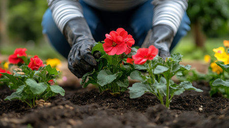 A gardener, wearing gloves, carefully tends to vibrant red flowers in a well-maintained garden. Surrounding the colorful blooms, fresh soil signifies an active planting season filled with growth and beauty.の素材