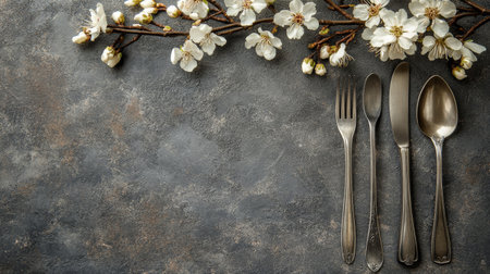 A collection of vintage silver utensils, including forks, a spoon, and a knife, arranged next to delicate white flowers and green leaves on a textured gray surface, creating a serene dining atmosphere.の素材