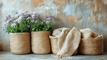 Soft blankets neatly stacked with decorative rope baskets holding lavender and greenery, creating a warm and inviting atmosphere in a living space.の素材