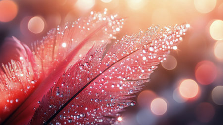 A delicate pink feather is adorned with sparkling dew drops, reflecting soft light in a dreamy, colorful background, creating a serene and enchanting atmosphere.の素材