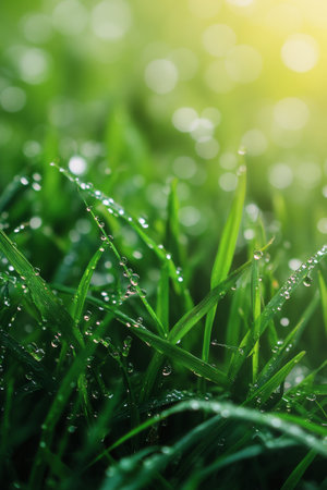 Drops of dew cling to the tips of vibrant green grass blades, illuminated by soft sunlight in a serene garden setting, creating a peaceful and refreshing morning atmosphere.の素材