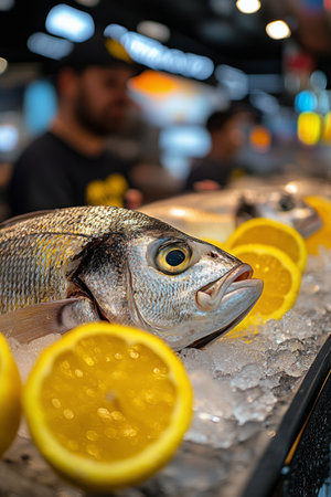 A colorful assortment of fresh fish rests on a bed of ice, surrounded by bright lemons and ripe tomatoes, showcasing a bustling market atmosphere filled with warm, ambient lighting.の素材