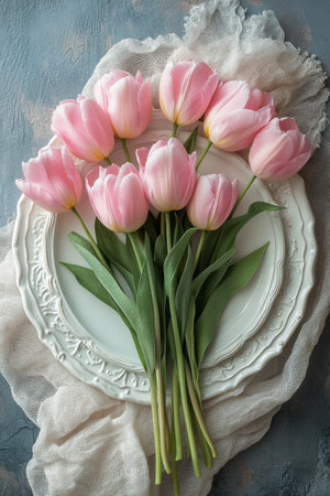 A vibrant arrangement of fresh pink tulips is displayed on a white plate, showing their delicate petals and green leaves against a dark backdrop, creating a striking visual contrast.の素材