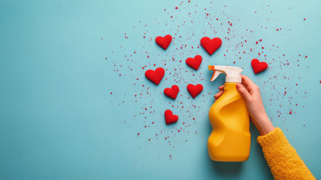 A hand grips a yellow spray bottle, surrounded by scattered red heart shapes on a vibrant blue background, conveying a playful and colorful cleaning theme.の素材