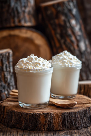 A glass jar filled with creamy yogurt sits on a textured linen cloth atop a wooden table, with a wooden spoon nearby. Soft light filters through sheer curtains, creating a warm and inviting atmosphere.の素材