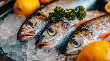Several fresh fish are arranged on a bed of ice, garnished with green herbs, at a bustling seafood market in the early morning light.の素材