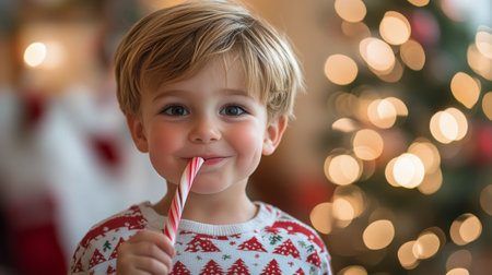 A cheerful young boy with curly hair bites into a candy cane, dressed in festive pajamas. The cozy room around him glows with warm lights and holiday decorations, capturing the joyful spirit of the Christmas season.の素材