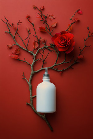 A white spray bottle is positioned among vibrant red roses and green leaves, set against a bold red backdrop, creating an elegant and eye-catching display.の素材