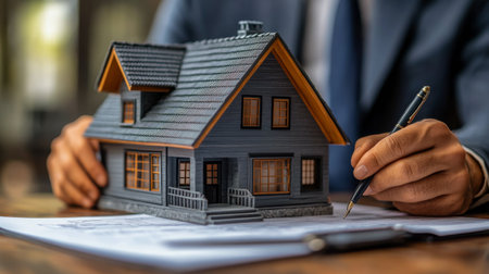 A person in a suit examines a miniature house model while reviewing architectural plans on the desk. The focused activity highlights the intricate details of home building, showing professionalism and creativity in design.の素材