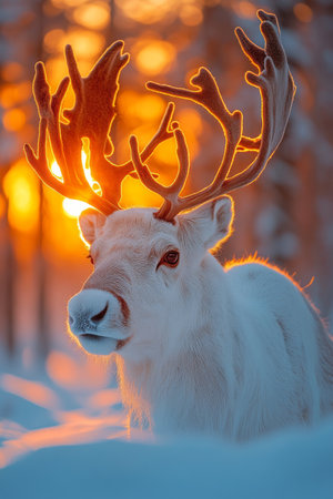 A majestic reindeer with large antlers gazes calmly in a snowy forest during sunset, as warm light filters through the trees, creating a serene atmosphere filled with golden hues.の素材