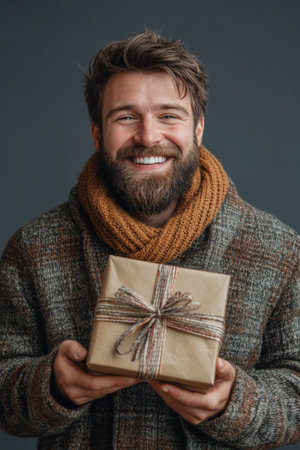 A smiling man with a well-groomed beard, dressed in a cozy winter attire, holds a beautifully wrapped gift. The warm colors of his knitted hat and scarf contrast with the dark background, enhancing the festive atmosphere.の素材