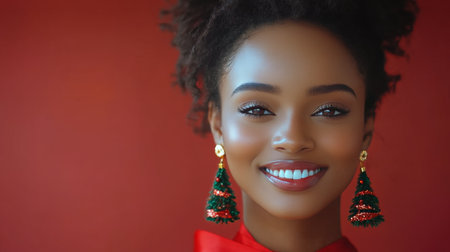 A cheerful woman with curly hair showcases a radiant smile while adorned with vibrant holiday-themed earrings against a striking red backdrop. The festive atmosphere highlights her joyful spirit.の素材