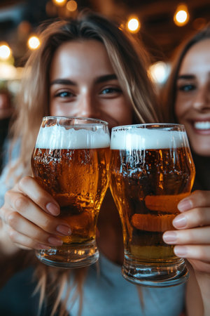 Three friends click their glasses filled with golden craft beer in a warm outdoor atmosphere, surrounded by string lights, sharing laughter and good times on a lovely evening.の素材