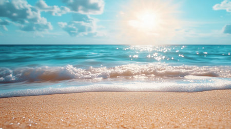 Soft waves roll onto a sandy shore as sunlight sparkles on the ocean surface, creating a serene atmosphere during the evening.の素材