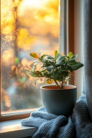 A yellow knitted blanket is casually draped over a stylish chair, complemented by a blue decorative pillow. The warm sunlight streams through the window, illuminating the space filled with greenery.の素材