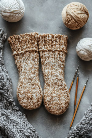 Handcrafted knitted socks in earthy tones lie next to various yarn balls and wooden knitting needles on a soft surface. The warm colors and textures create a welcoming, cozy atmosphere.の素材