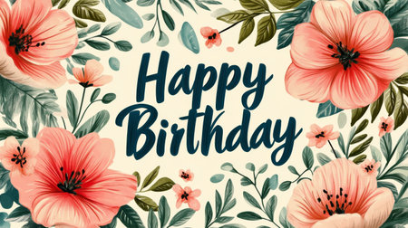 A colorful birthday greeting card adorned with lush flowers and elegant leaves invites joy. The phrase Happy Birthday stands out prominently, set against a soft pastel background, perfect for celebrating special moments.の素材
