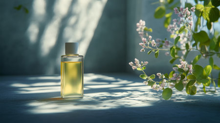 A small glass bottle filled with golden essential oil sits on a textured stone surface, illuminated by soft sunlight filtering through green leaves, creating delicate shadows around it.の素材