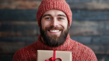A joyful man with a full beard wears a vibrant knitted hat and a festive sweater while cheerfully holding a beautifully wrapped gift box, embodying the spirit of celebration during the holiday season.の素材