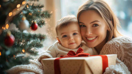 A joyful mother holds her smiling baby who is sitting in front of a decorated Christmas tree, surrounded by warm light and festive decorations. The atmosphere is cozy and filled with holiday spirit.の素材