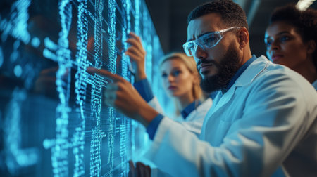 A team of scientists in lab coats examines complex data visualizations on a glowing screen. They are engaged in deep analysis, pointing out key findings while immersed in their work at a modern research facility.の素材