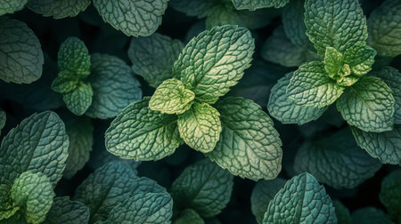 Lush green mint leaves glisten with droplets of water after a recent rain, showing their textured surface in a vibrant garden environment.の素材