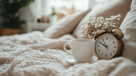 A soft white bedspread features an alarm clock next to a steaming coffee cup, creating a tranquil morning atmosphere. A warm light glows in the background, enhancing the cozy setting.の素材