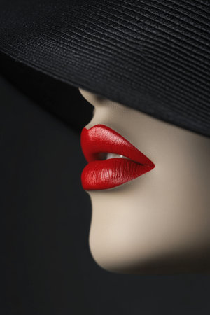 A striking close-up captures a mannequin with bold red lips partially hidden under a wide-brimmed black hat, creating a mysterious and fashionable impression in low light.の素材
