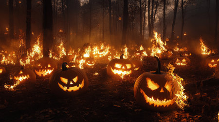 On a dark Halloween night, a forest catches fire, casting an eerie glow on carved pumpkins scattered throughout the landscape. The flames illuminate their menacing faces, creating a haunting atmosphere in the wilderness.の素材