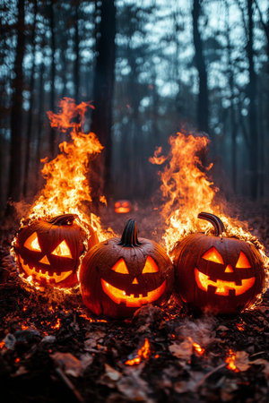 Carved pumpkins with grinning faces are lined along a forest path, their interiors ablaze and casting flickering light. The surrounding trees are shrouded in darkness, enhancing the eerie Halloween atmosphere.の素材
