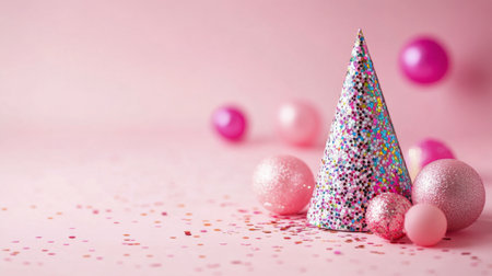 Four colorful champagne bottles are arranged against a pink backdrop, surrounded by vibrant confetti and shiny ornaments. The festive scene suggests a celebration, perfect for marking special occasions and joyful gatherings.の素材