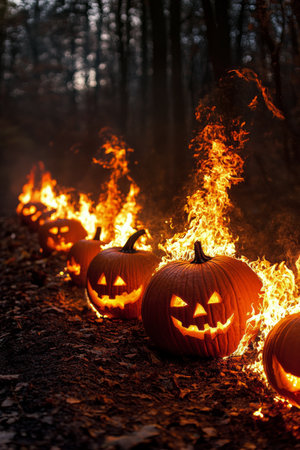 Carved pumpkins with grinning faces are lined along a forest path, their interiors ablaze and casting flickering light. The surrounding trees are shrouded in darkness, enhancing the eerie Halloween atmosphere.の素材