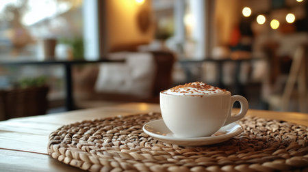 A delicate latte with intricate foam art rests on a white saucer atop a woven placemat, illuminated by soft natural light in a cafe welcoming setting.の素材