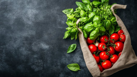 A burlap sack holds ripe red tomatoes alongside vibrant basil leaves and garlic cloves, arranged on a dark, textured surface, showing fresh ingredients perfect for cooking.の素材